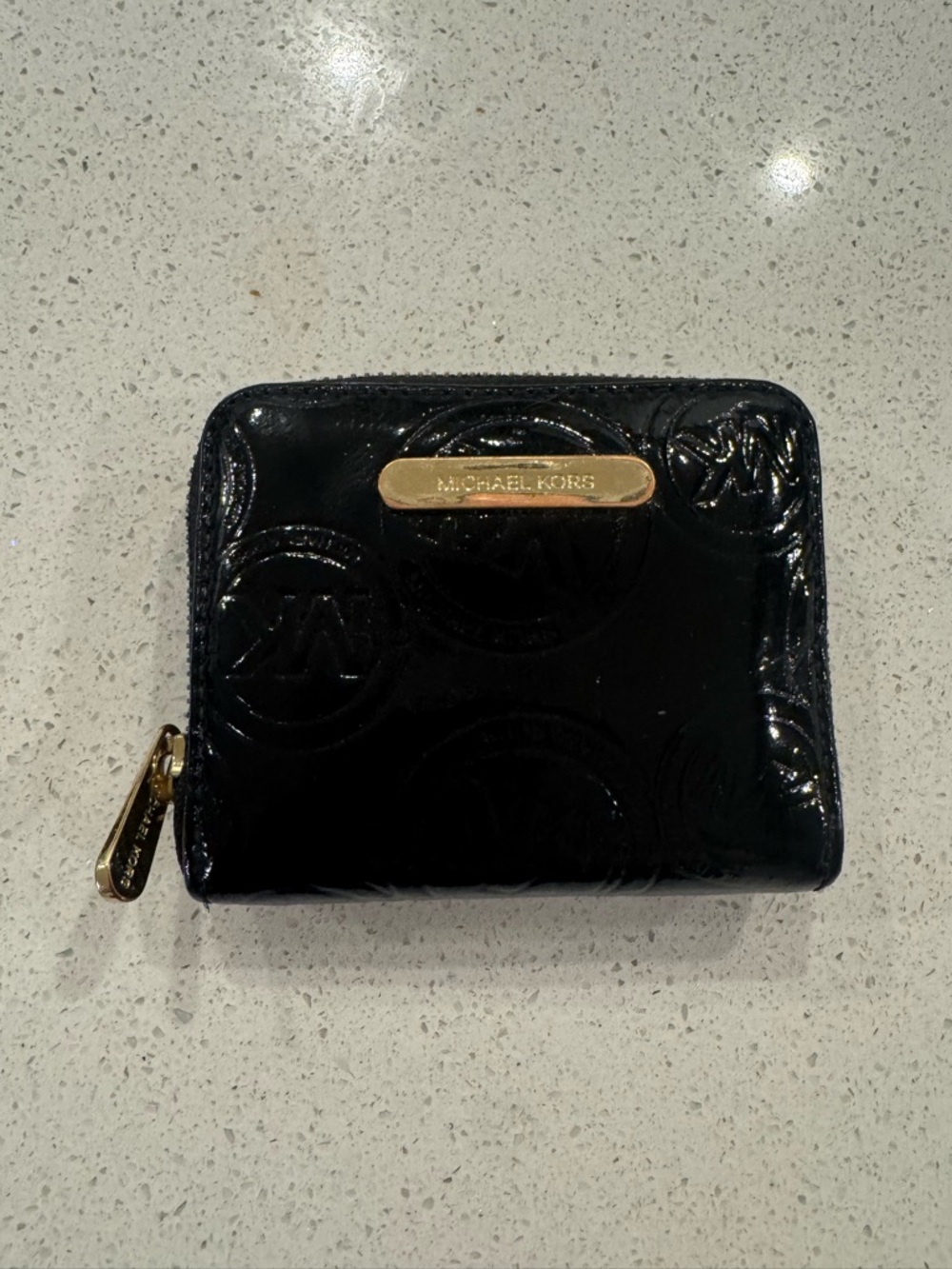 Michael Kors Shiny Black Patent Leather Small Zip Wallet with Gold Hardware